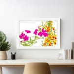 Infidu Vintage Floral Wall Art with bright pink and yellow-orange flowers, green leaves, and a white frame on a white background. displayed on the wall