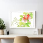 Infidu Vintage Floral Wall Art with a bright red flower, pink buds, green leaves, and small white flowers on a white background with a white frame. displayed on the wall