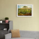Vintage wall art showing a detailed gathering of people in a classic studio with warm colors, art pieces, and traditional decor. displayed on the wall in a white frame