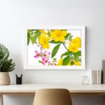Infidu Vintage Floral Wall Art with yellow and pink flowers, green leaves, and a white frame on a white background. displayed on the wall