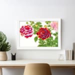 Infidu Vintage Floral Wall Art with red, purple, and pink flowers, green leaves, and a white frame on a white background. displayed on the wall