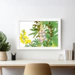 Vintage botanical wall art featuring yellow and purple flowers with green leaves on a white background, framed in white for a classic touch. displayed on the wall