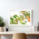 Infidu vintage wall art with green leaves, red-orange flowers, and a potted plant, framed in black on a white background for an elegant look. displayed on the wall art in a white frame