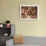 Vintage wall art of a classic indoor gathering with richly dressed people in a studio or royal court setting. displayed on the wall in a white frame
