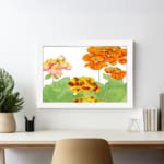 Infidu vintage wall art with orange, yellow, and pink flowers, and green leaves on a white background, framed in white for a timeless and elegant look. displayed on the wall