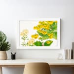 Infidu vintage wall art with bright yellow and pale yellow flowers, green leaves, and a black frame on a white background for an elegant look. displayed on the wall art in a white frame