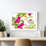 Infidu vintage wall art with bright pink, purple, and white flowers, green leaves, and a black frame on a white background for a classic look. displayed on the wall art in a white frame