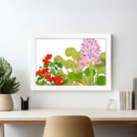 Infidu vintage wall art with soft pink and bright red flowers surrounded by lush green leaves on a white background, creating an elegant look. displayed on the wall art in a white frame