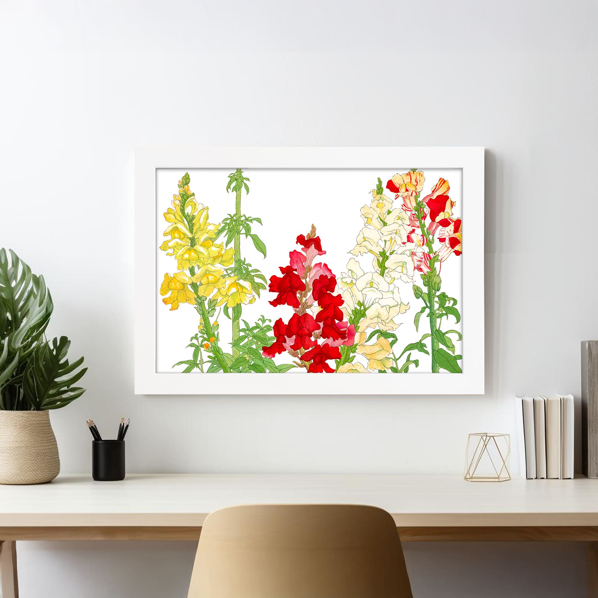 Infidu vintage wall art with tall, colorful flowers in yellow, red, and white with green stems on a white background, adding a vintage touch. displayed on the wall art in a white frame