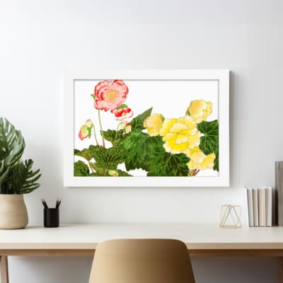 Infidu vintage wall art with detailed floral vintage art design, featuring pink, red, and yellow flowers with green leaves on a white background. displayed on the wall art in a white frame