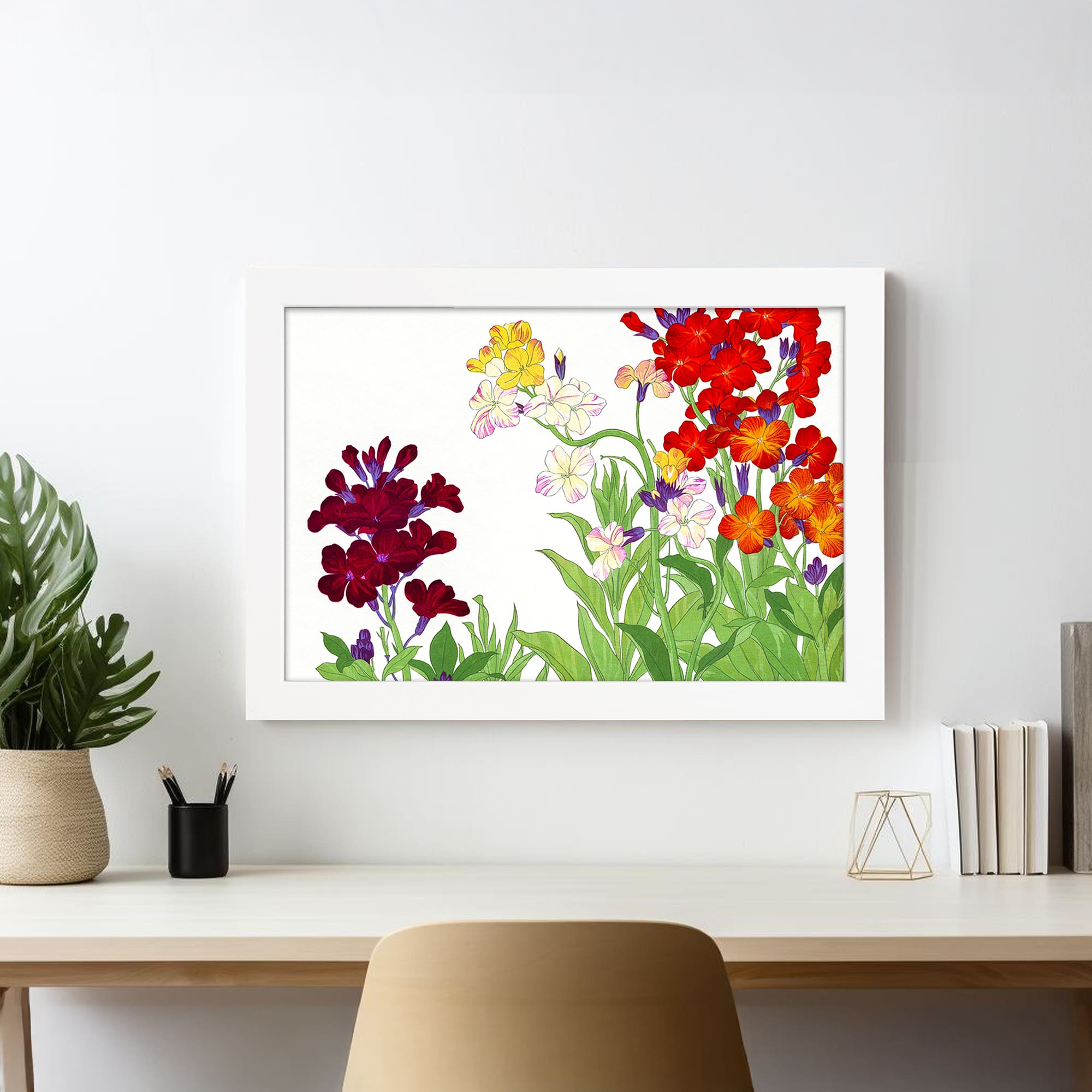 Infidu vintage wall art with colorful botanical flowers in red, orange, yellow, purple, and white, framed in black on a white background for an elegant look. displayed on the wall art in a white frame