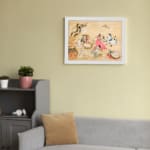 Traditional Asian garden scene with people in colorful robes sitting among trees and flowers on a beige background. displayed on the wall in a white frame