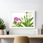 Infidu vintage wall art with delicate white and pink flowers, green leaves, and a black frame on a white background for a timeless botanical look. displayed on the wall art in a white frame