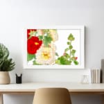 Infidu vintage wall art with red, white, and yellow flowers, green leaves, and a black frame on a white background for a timeless botanical look. displayed on the wall art in a white frame