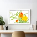 Infidu vintage wall art with orange and yellow flowers, green leaves, and a black frame on a white background for a timeless and elegant look. displayed on the wall art in a white frame
