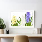 Infidu vintage wall art with yellow, white, and purple flowers, green leaves, and a black frame on a white background for a timeless botanical look. displayed on the wall art in a white frame