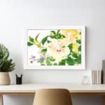 Infidu vintage wall art with soft yellow, white, and purple flowers, green leaves, and a white frame on a white background for a timeless botanical look. displayed on the wall