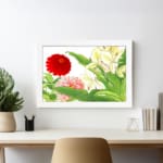 Infidu vintage wall art with red, pink, and yellow flowers, green leaves, and a black frame on a white background for a timeless botanical look. displayed on the wall art in a white frame