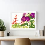 Infidu vintage wall art with deep purple and bright red flowers, green leaves, and a white background, framed in white for a classic and elegant look. displayed on the wall