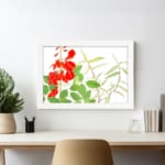 Infidu vintage wall art with bright red flowers and green leaves, set against a white background and framed in white for a classic and elegant look. displayed on the wall