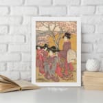 Japanese women in traditional kimonos standing under cherry blossom trees in a serene vintage-style outdoor setting. displayed on the wall in a white frame