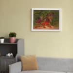 Rustic vintage wall art featuring strawberries spilling from wooden baskets with green leaves and a garden background. displayed on the wall in a white frame