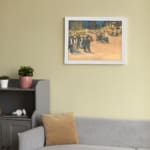 Infidu vintage wall art depicting a bustling city street scene with early 20th-century charm, featuring elegantly dressed people, vintage cars, and glowing city lights against tall buildings. displayed on the wall art in a white frame
