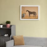 Infidu vintage wall art featuring an elegant horse standing in a cozy stable, with soft brown and beige tones, a small window, and rustic details. displayed on the wall art in a white frame