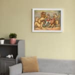 Vintage wall art of lion tamer in red outfit with multiple circus lions in dynamic poses inside a cage. displayed on the wall in a white frame