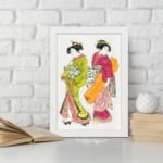 Two Japanese women in traditional green and red kimonos with decorative items, illustrated in elegant vintage style. displayed on the wall in a white frame