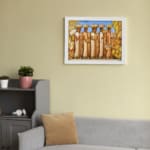 Infidu vintage wall art featuring a group of women in traditional clothing carrying baskets, set against a tropical backdrop with banana trees and a bright blue sky. displayed on the wall art in a white frame