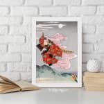 Infidu vintage wall art featuring a gracefully dressed figure in traditional Japanese attire against a serene moonlit sky, with rich red and pink floral designs contrasting a soft gray and blue background. displayed on the wall art in a white frame