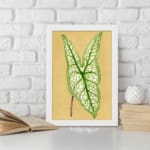Vintage botanical wall art showing a detailed green leaf with bold veins on a soft beige background. displayed on the wall in a white frame
