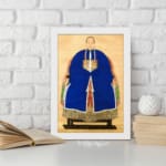Vintage wall art of a classic East Asian portrait showing a person in a royal blue robe with gold accents on a beige background. displayed on the wall in a white frame