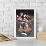 Japanese figure in bold red and blue kimono striking a dramatic pose against a dark vintage-style background. displayed on the wall in a white frame