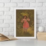 Infidu vintage wall art depicting a young girl in a pink dress holding a large green leaf over her head, set in a nostalgic outdoor scene with warm earthy tones. displayed on the wall art in a white frame
