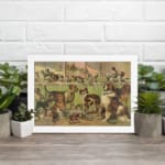 Vintage dog show art with various breeds in a classic exhibition setting, featuring warm earthy tones and nostalgic charm. displayed on the wall