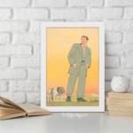 Vintage art of a man in a green suit standing with a bulldog against a warm orange and yellow background. displayed on the wall in a white frame