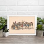Vintage art of Indigenous people in traditional attire, gathered in a ceremonial scene with earthy colors and historical charm. displayed on the wall in a white frame