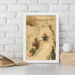 Vintage wall art of a nostalgic winter sledding scene with people in traditional winter clothing on a snowy slope, surrounded by trees. displayed on the wall in a white frame