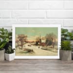 Vintage winter village wall art with snow-covered houses, a church, horse-drawn carriages, and a soft pastel sky for a nostalgic feel. displayed on the wall in a white frame