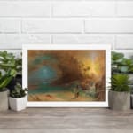 Vintage wall art of a mysterious coastal scene with glowing light, stormy sky, cliffs, and a lone figure walking along the shore. displayed on the wall in a white frame