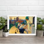 Vintage wall art of a loving early 20th-century family scene with warm colors, depicting a father, mother, and child in a nostalgic setting. displayed on the wall in a white frame
