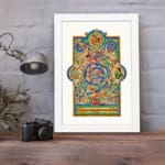 Vintage Celtic wall art with intricate medieval patterns in blue, green, gold, and red, featuring swirling shapes and mythical elements. displayed on the wall in a white frame