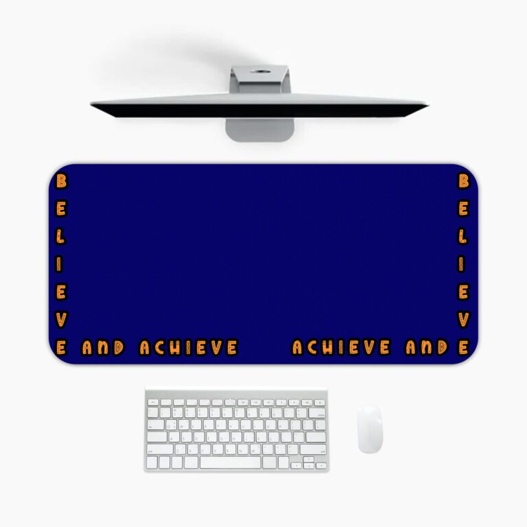 Infidu blue desk pad with “Believe and Achieve” quote in bold orange text on a deep blue background.