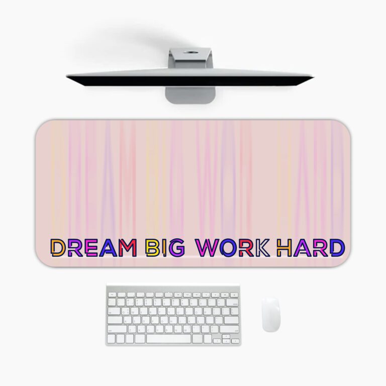 Infidu desk pad with pastel stripes and DREAM BIG WORK HARD quote on beige background.