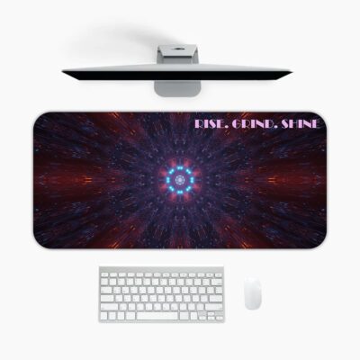 Mandala-style desk pad in deep cosmic colors with Rise. Grind. Shine quote.