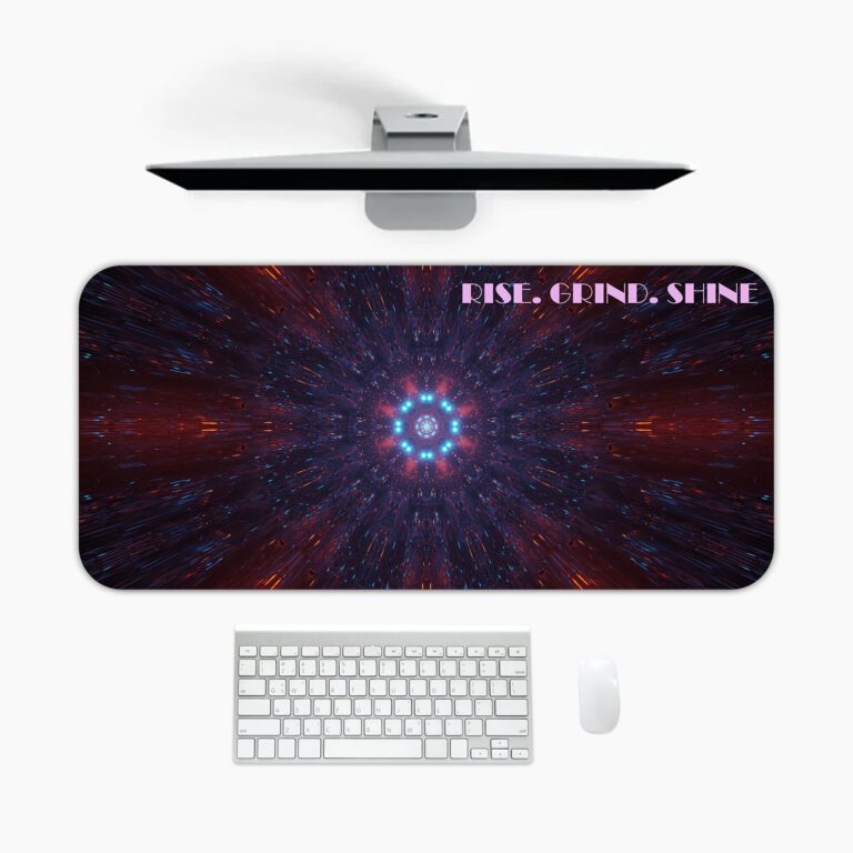 Mandala-style desk pad in deep cosmic colors with Rise. Grind. Shine quote.