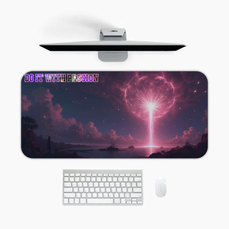 Infidu futuristic desk pad with glowing pink energy beam and cosmic background in vivid tones.