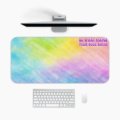 Infidu Rainbow Watercolor Desk Pad with colorful rainbow shades and the motivational quote "Do What Makes Your Soul Shine" in pink and white.